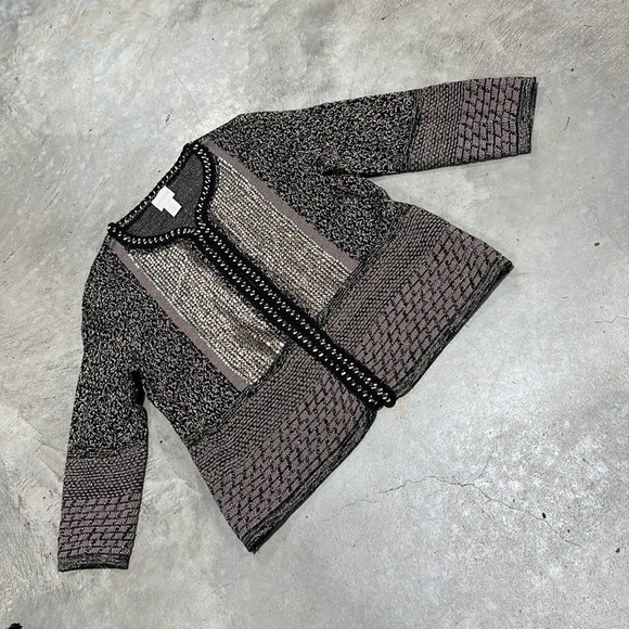 Chicos brand‎ black w/tan n gold detailing sweater / cardigan /Size 0 / Q-66 - Picture 2 of 6